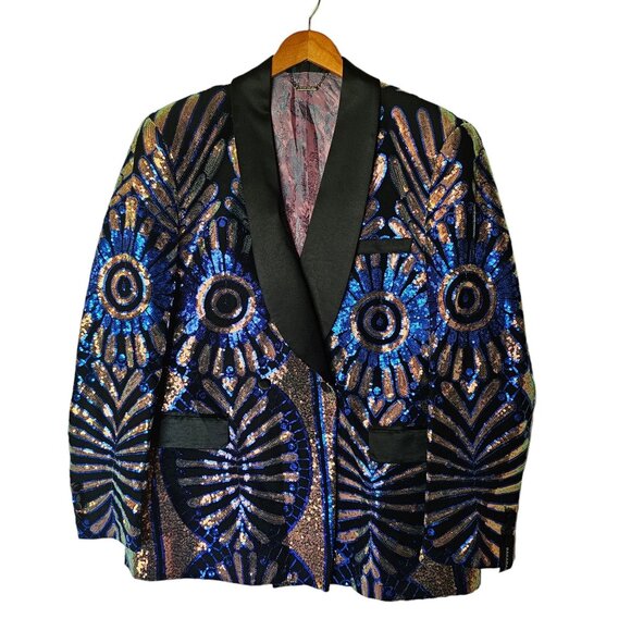 BARABAS Men's Sequin Geometric Pattern Black Blue Blazer 46 2XL New With tags - Picture 5 of 14